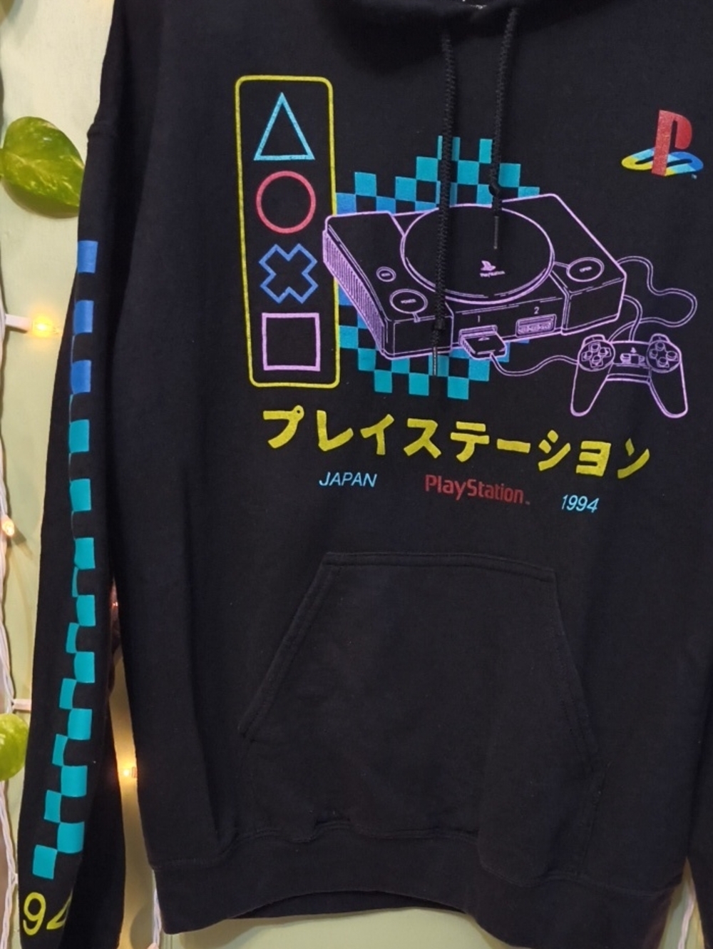 Women's PlayStation Black Aqua Checker Sleeve Console Japan 1994 M - Picture 3 of 10
